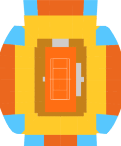 Suzanne Lenglen court seating map showing all categories: Category 3 in cyan, Category 2 in orange, Category 1 in yellow, and Category Gold in brownish-orange.