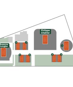 Map of the Roland Garros grounds highlighting all Outside Courts and venue locations for general admission access.