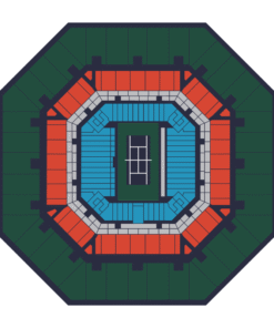 US Open stadium seating plan showing courtside sections in blue, all lower-tier blocks in red, and all upper-tier blocks in green.